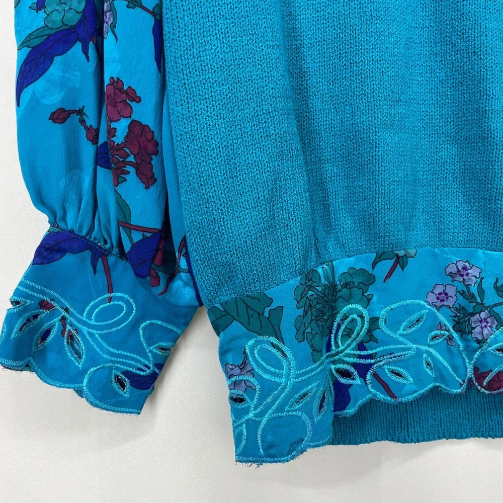 Umi Collections Anne Crimmins Size L Blouse Vintage Top Blue Floral Embroidered